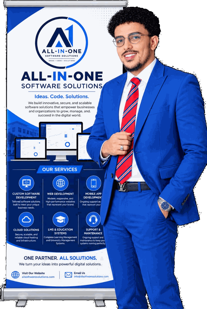 Fathi Abdi Dahir beside the All-In-One Software Solutions banner